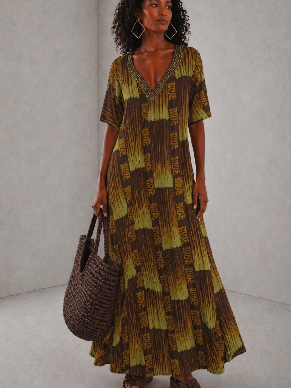 African Tie Dyed Handmade Olive & Brown V-Neck Maxi Dress Size Small NEW